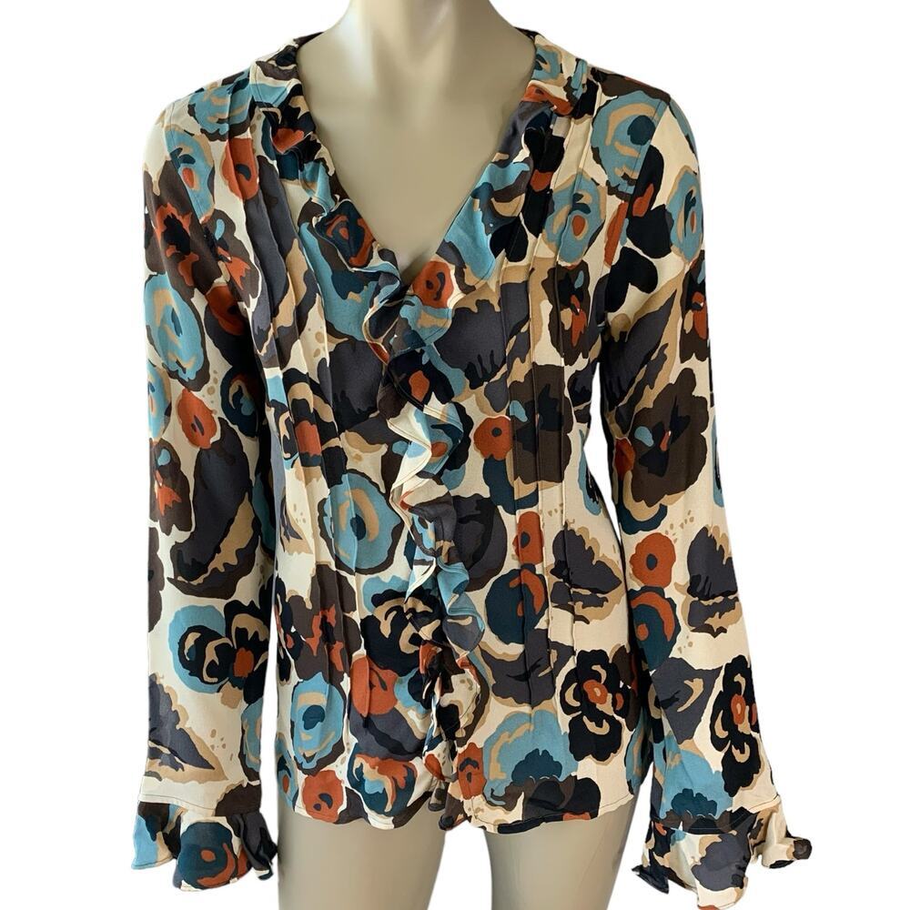 i.e. 100% Silk Floral Ruffled Long Sleeve Chiffon Tops Blouse Size L Multicolor